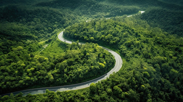 Aerial top view beautiful curve road on green forest in the rain season