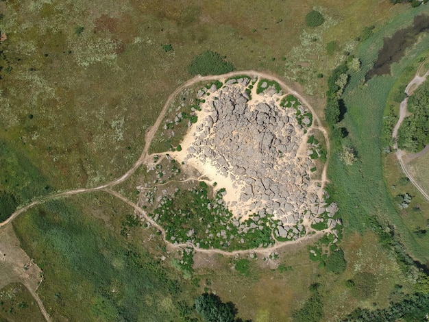 Aerial top view of big stones named Kamyana Mohyla, Melitopol Ukraine