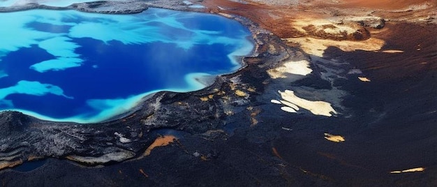 Aerial top view of blue mud in rough crater in hverir geothermal area in daytime in reykjahlid