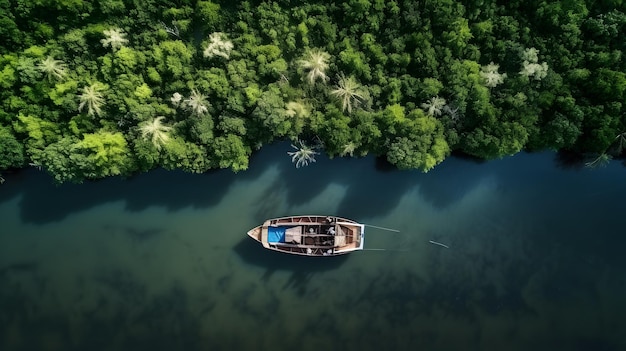 Aerial top view of boat on the river in mangrove