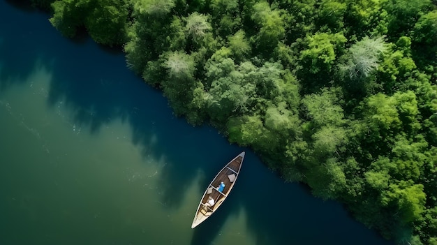 Aerial top view of boat on the river in mangrove