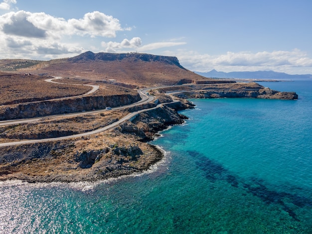 Aerial top view by drone of cretan landscape with sea