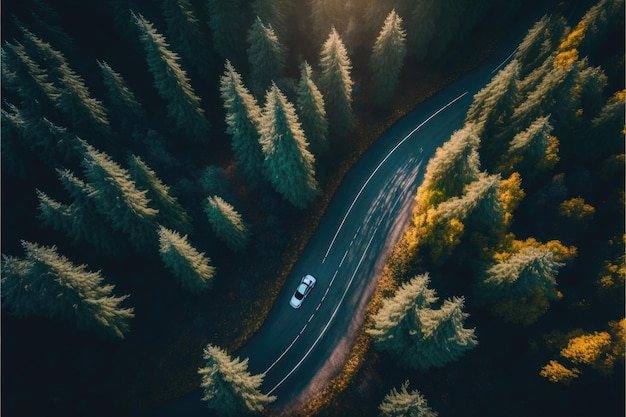 Вид с воздуха на автомобиль, едущий по лесу Сделано AIИскусственный интеллект