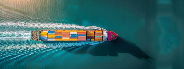 Aerial top view of cargo ship contrail in the ocean sea ship carrying container and running for e