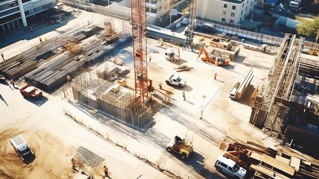 Aerial top view of construction site with cranes