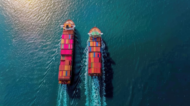 Aerial top view container cargo ship in import export business commercial trade logistic and transportation of international by container cargo ship in the open sea Container cargo freight shipping