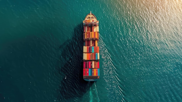 Aerial top view container cargo ship in import export business commercial trade logistic and transportation of international by container cargo ship in the open sea Container cargo freight