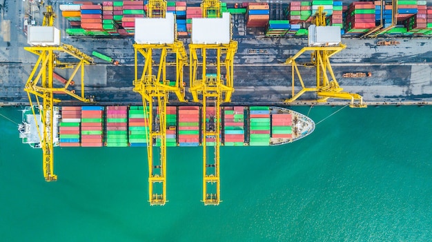 Aerial top view container cargo ship