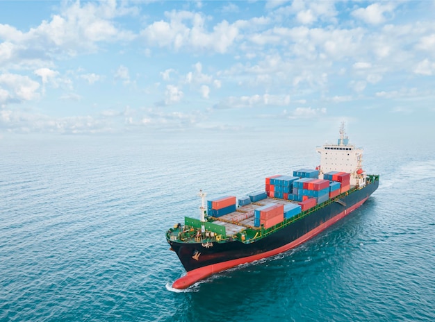 Aerial top view container cargo ship