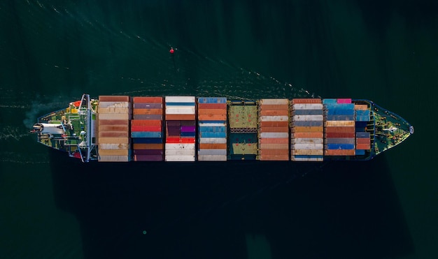 Aerial top view container ship shipping or transportation concept background