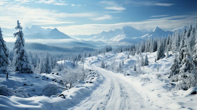 空撮冬の雪に覆われた森の曲がりくねった道