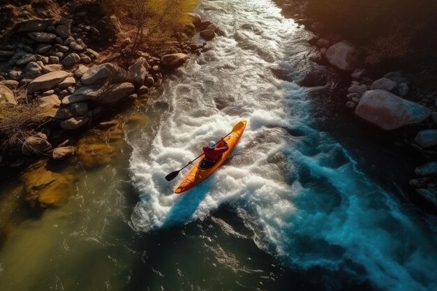 Foto vista aerea dall'alto dello sport estremo il kayak naviga sul fiume di montagna rafting kayak ia generativa