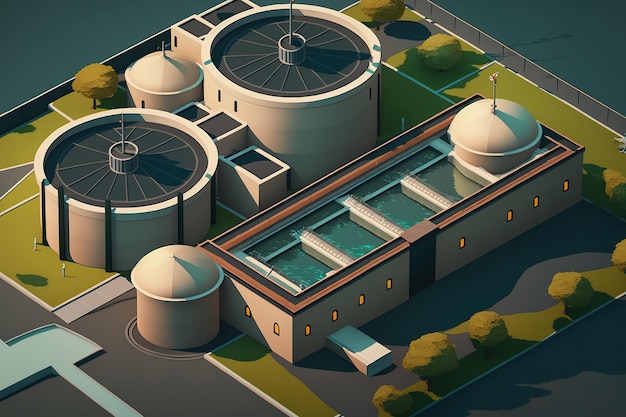 Aerial top view of the filtration tanks in a contemporary wastewater treatment facility