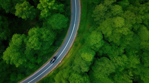 車の生態系環境コンセプトを備えた上空から見た森の木緑の森と山を通る田舎道