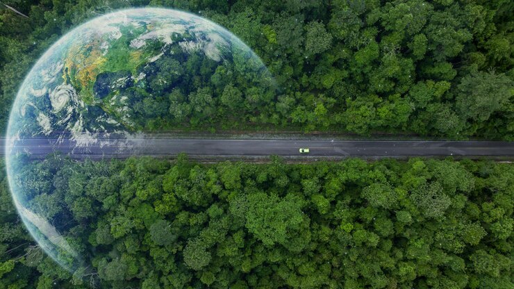 緑色の電気自動車 (EV) が直線の森林道路を走っている様子
