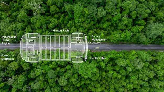 緑色の電気自動車 (EV) が直線の森林道路を走っている様子