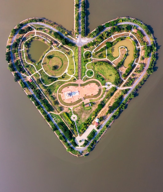 Aerial top view of Heart shaped island (The Holy Heart Land Talayluang) at daytime in Thung Talayluang in Sukhothai,Thailand.