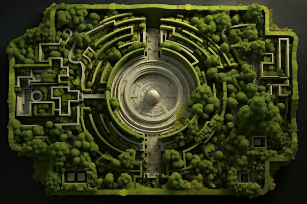 Aerial top view of hedge maze green garden made as labyrinth of trimmed bushes Geometric pattern of plants in summer park Concept of nature fantasy feature and adventure Generative AI