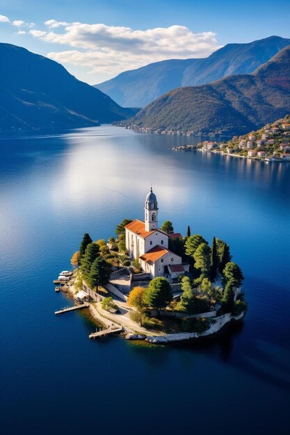 Aerial top view of the island our lady of the rocks near the picturesque town of perast in the
