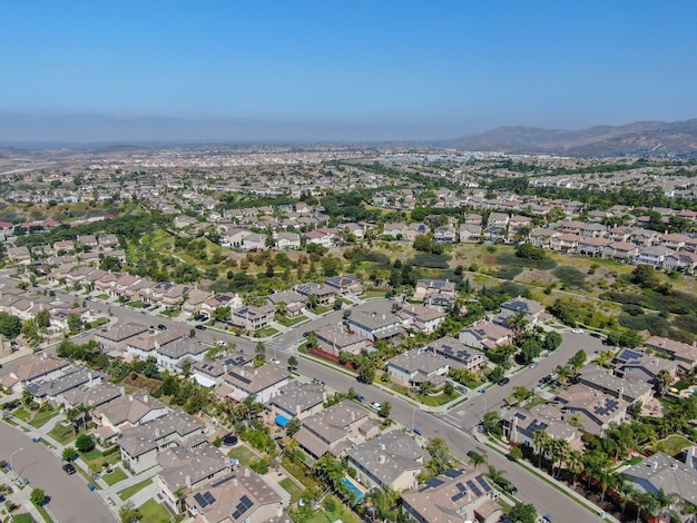 Aerial top view of middle class neighborhood with villas in south california usa