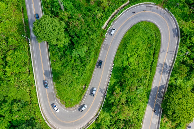 Aerial top view of Mountain and Road to Phu Thap Boek in the morning. Phetchabun Thailand.