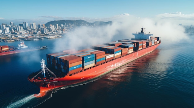 写真 コンテナを運ぶ海洋船に飛行機雲を持つ貨物海運船の航空写真 輸出コンセプト 船舶フォワーダーマストによる技術貨物輸送