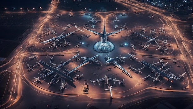 사진 야간에 조명이 켜진 비행기가 주차된 공항의 공중 평면도 교통 및 여행