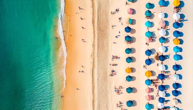 Aerial top view of people crowd relaxing on beach with color umbrellas and turquoise sea generative