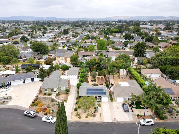 Aerial top view of Placentia neighborhood city in northern Orange County California USA