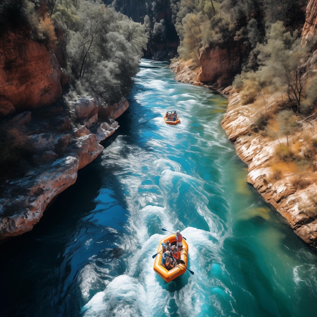 Aerial top view of rafting in river deep canyon mountains generative ai