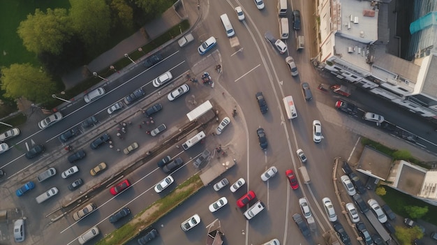 Foto vista aerea dall'alto di un incrocio stradale dall'alto del traffico automobilistico e di un concetto di trasporto di ingorghi stradali e intelligenza artificiale generativa