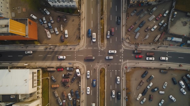 Aerial top view of a road junction from above car traffic and a traffic jam transportation concept and Generative AI