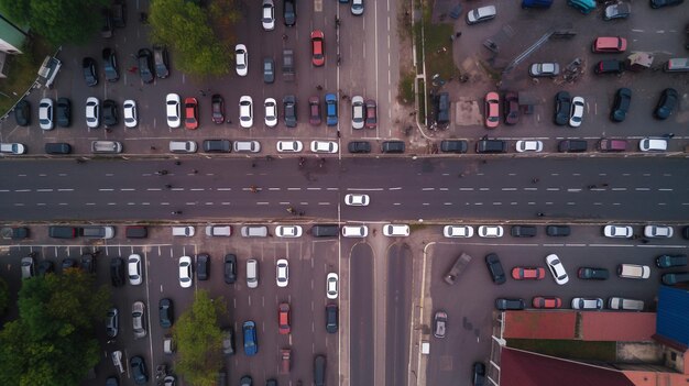 Аэрофотоснимок дорожной развязки сверху с автомобильным движением и транспортной концепцией пробки и генеративным искусственным интеллектом