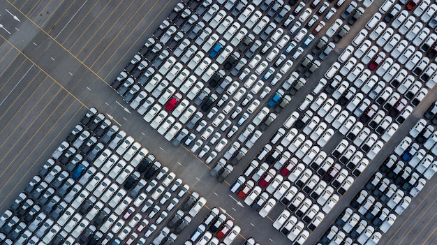 Aerial top view rows of new cars parked in distribution center on car factory Automobile and automotive car parking lot for commercial business industry to dealership for sale