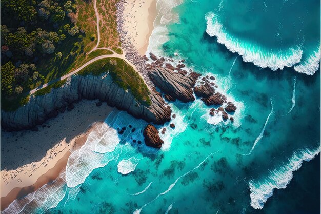 Aerial top view on sand beach palm tree and ocean and azure waves