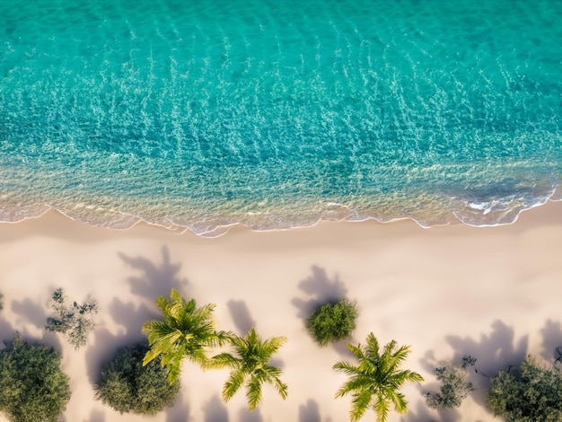 Aerial top view on sand beachpalm tree and ocean