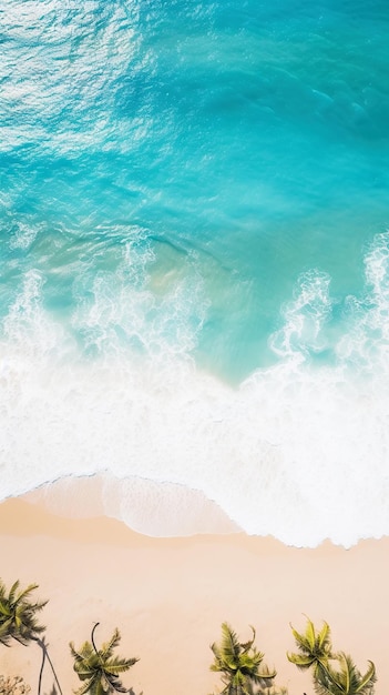 Aerial top view on sand ocean beach with palm Summer vacation paradise concept Vertical