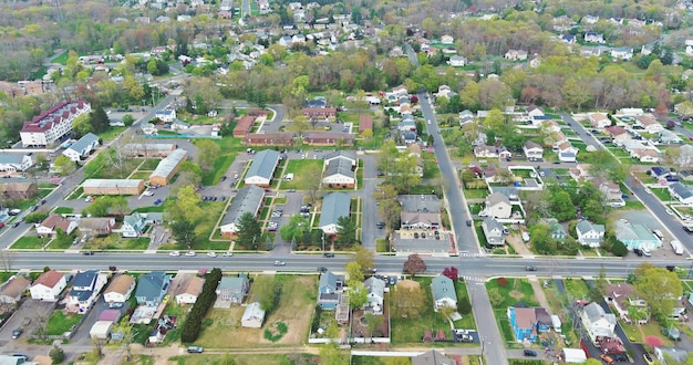 Aerial top view of small town in monroe new jersey with scenic seasonal landscape us