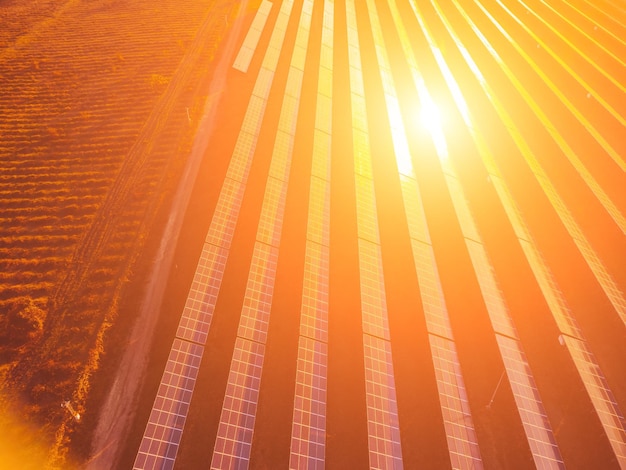 Aerial top view of a solar panels power plant photovoltaic solar panels at sunrise and sunset in