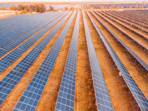 Aerial top view of a solar panels power plant photovoltaic solar panels at sunrise and sunset in