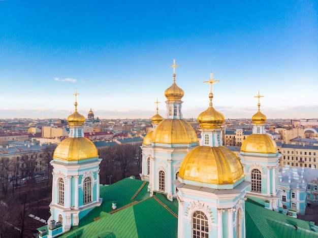 Aerial top view to st nicholas naval sea cathedral. griboyedov canal in winter day petersburg russia