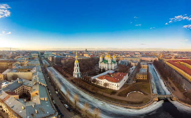 Aerial top view to St Nicholas Naval Sea Cathedral. Griboyedov canal in winter day Petersburg Russia