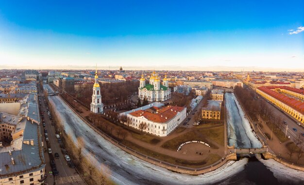 Aerial top view to St Nicholas Naval Sea Cathedral. Griboyedov canal in winter day Petersburg Russia