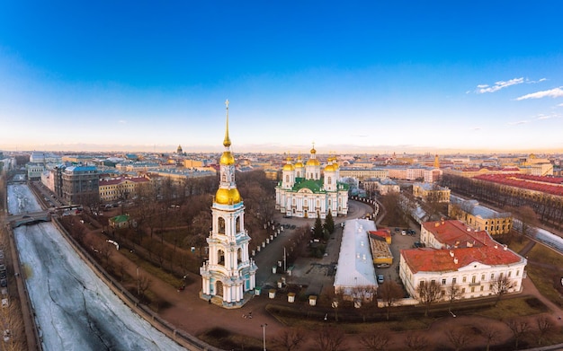 Aerial top view to St Nicholas Naval Sea Cathedral. Griboyedov canal in winter day Petersburg Russia