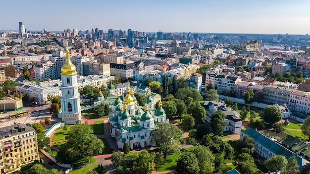 Aerial top view of St Sophia cathedral and Kiev city skyline from above, Kyiv cityscape, capital of Ukraine