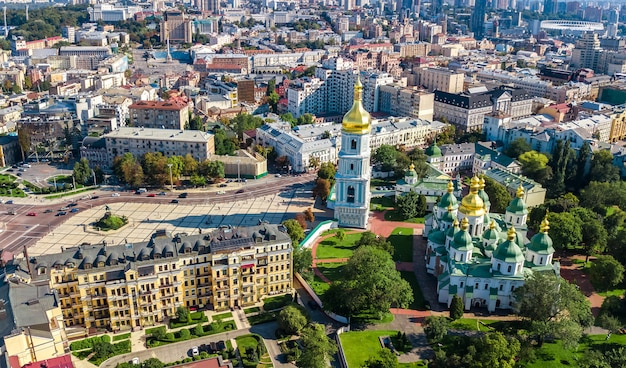 Aerial top view of St Sophia cathedral and Kiev city skyline from above, Kyiv cityscape, capital of Ukraine