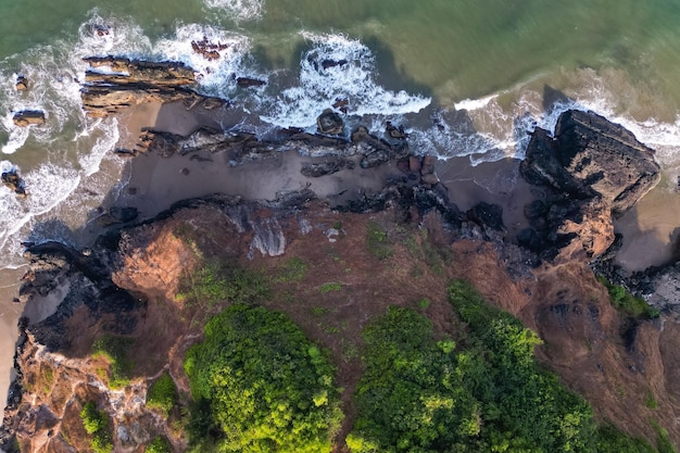 Aerial top view on tropical beach with green palm trees under sunlight Drone view in Goa