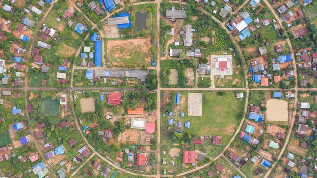 Aerial top view of villages in a circle taken with drones