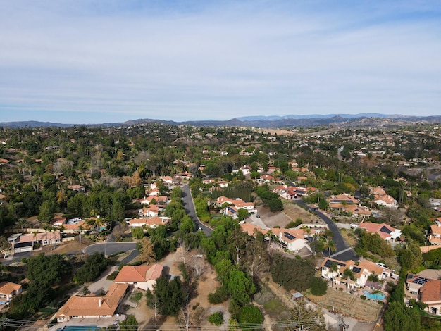 Aerial top view of wealthy mansion in East Canyon Area of Escondido, San Diego, California