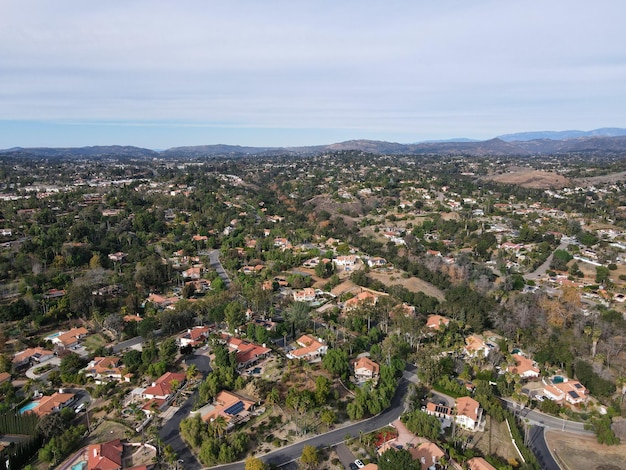 Aerial top view of wealthy mansion in East Canyon Area of Escondido, San Diego, California